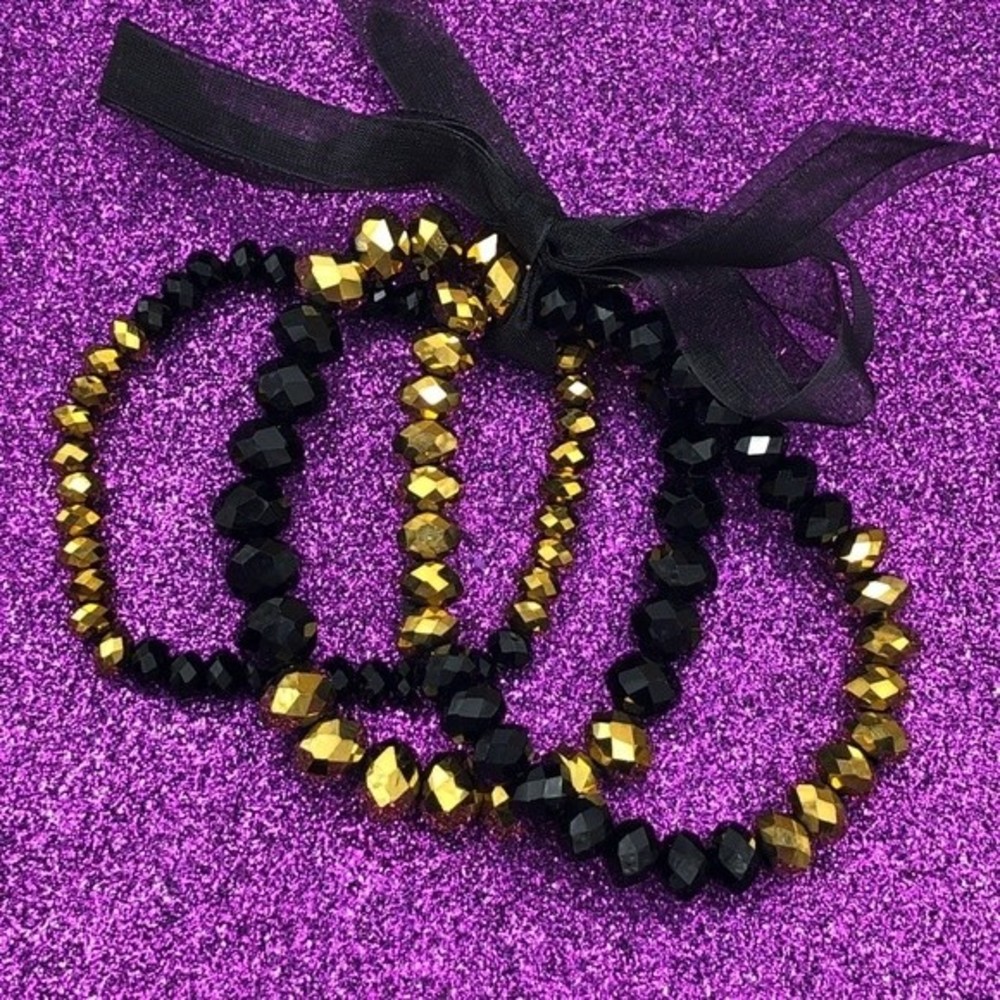 🌼 Set of 3 Black & Gold Glass Beaded Stretch Bracelets